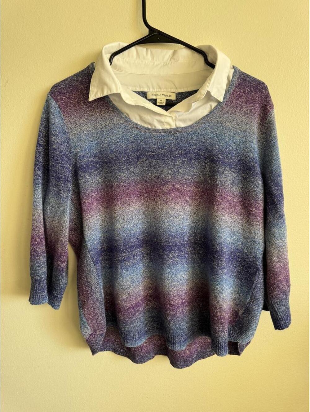 Studio Works blue/purple gradient sweater with built in collar, size XL